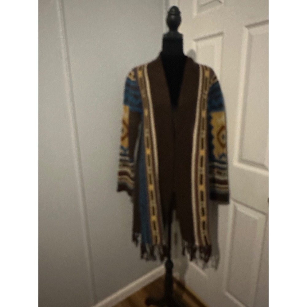 Southwestern Fringe Longline Cardigan Brown Teal Geometric Open Front Sweater